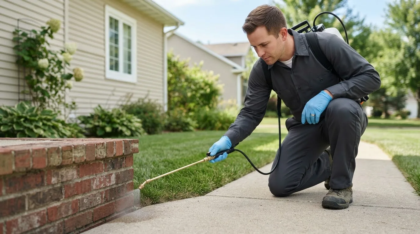 Pest control technician treating a home near Jay, FL