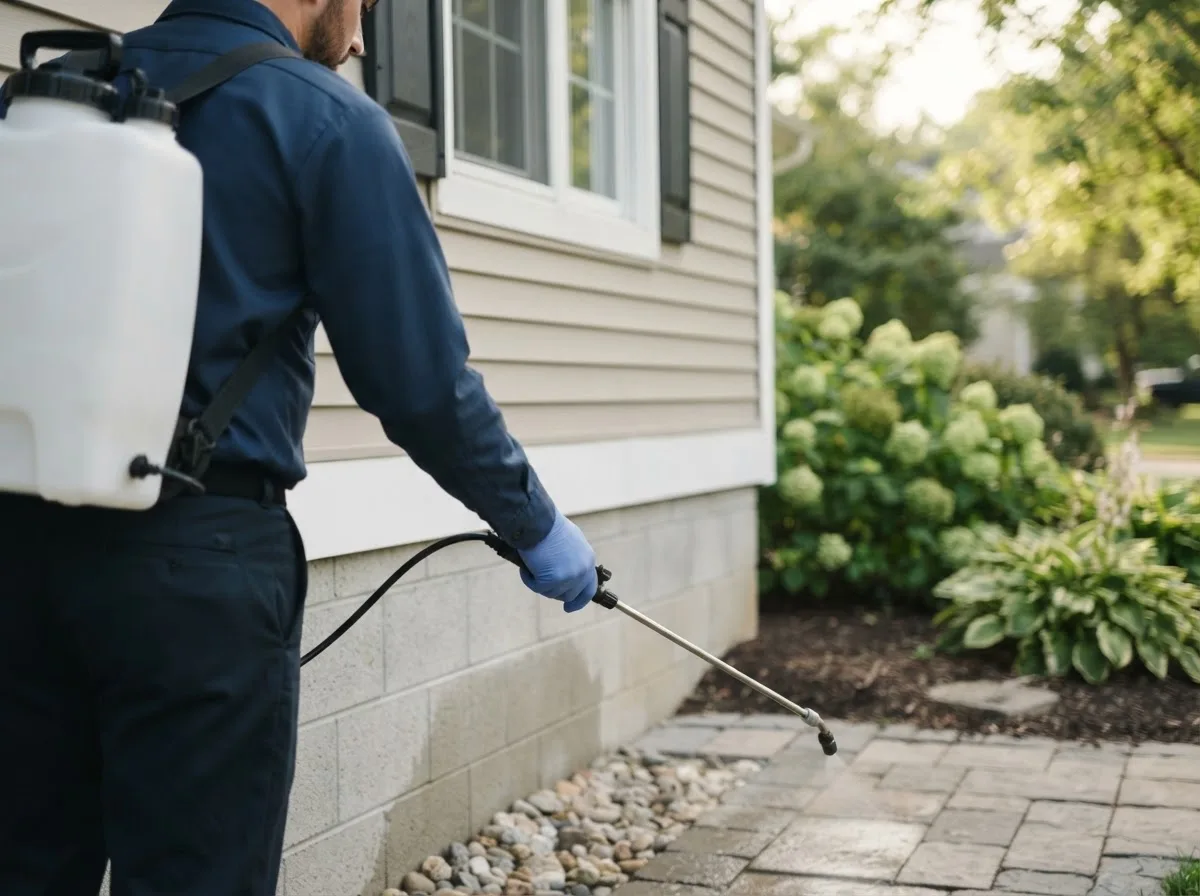 Pest control technician inspecting a home in Jay, FL